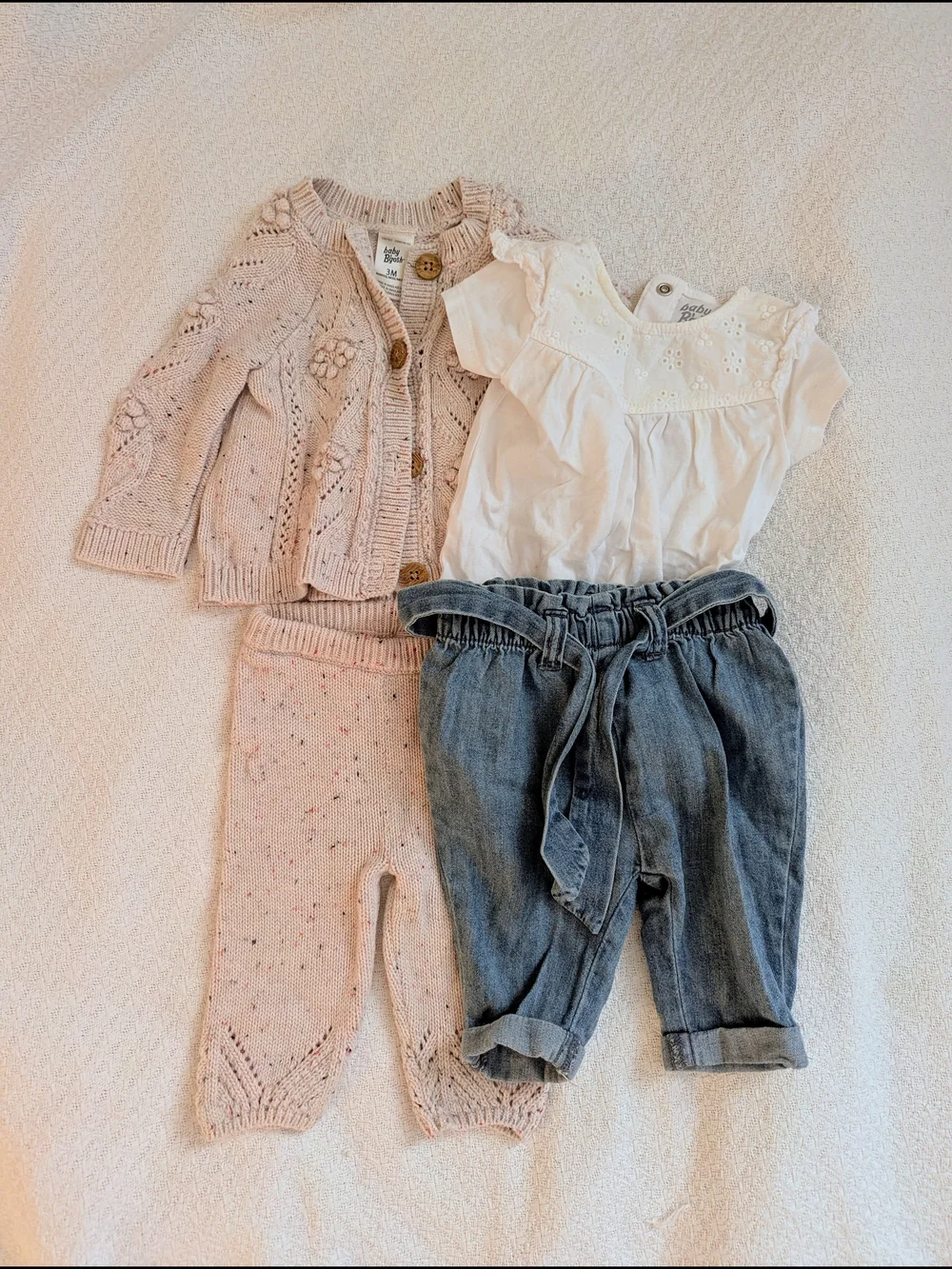 Bundle 3 Month Baby Girl Outfit Sets — White Top, Knit Cardigan & Denim Pants